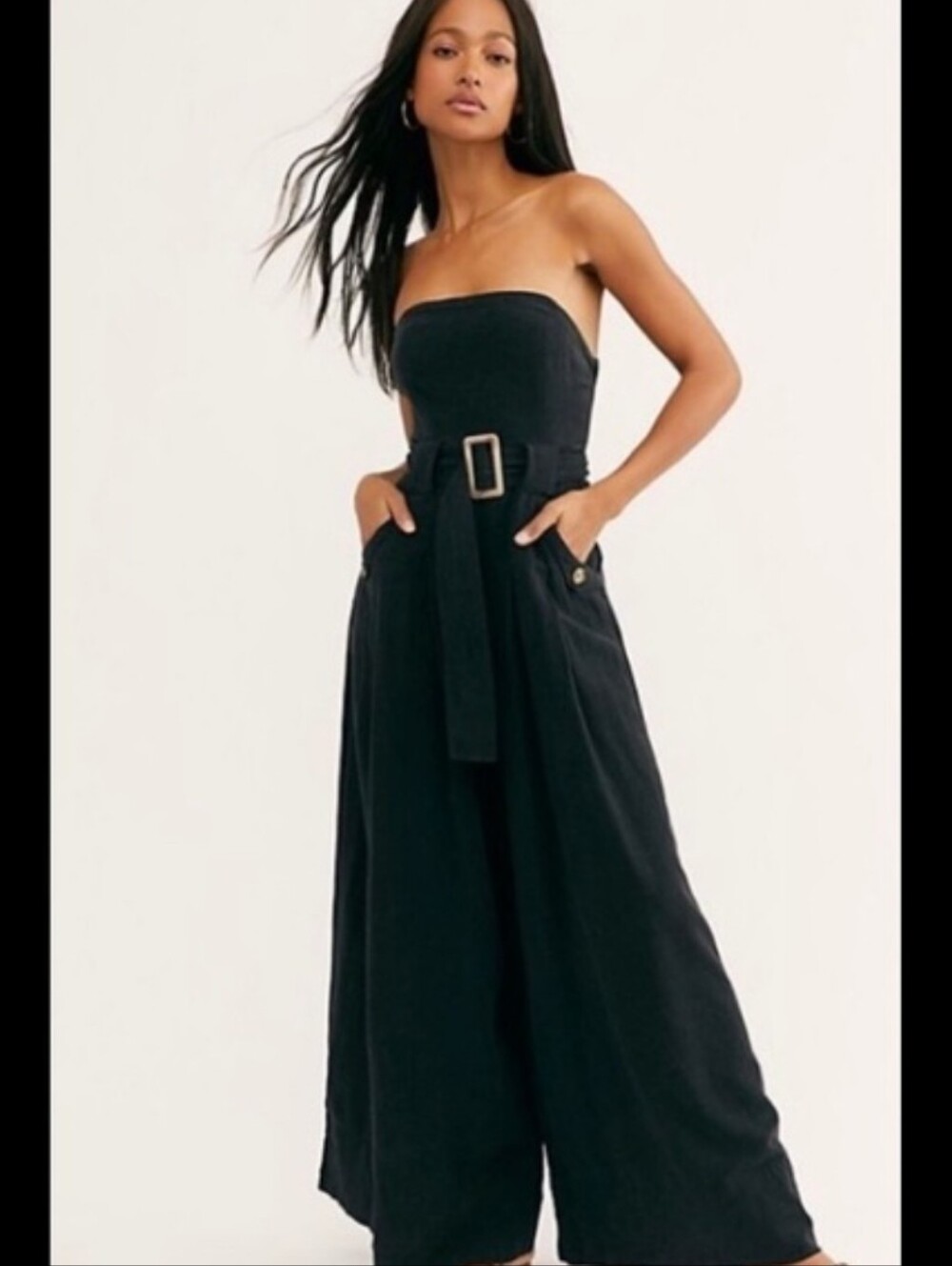 NWT Free People Lucia Black Strapless Wide-Leg Jumpsuit with Buckle Belt Size 4